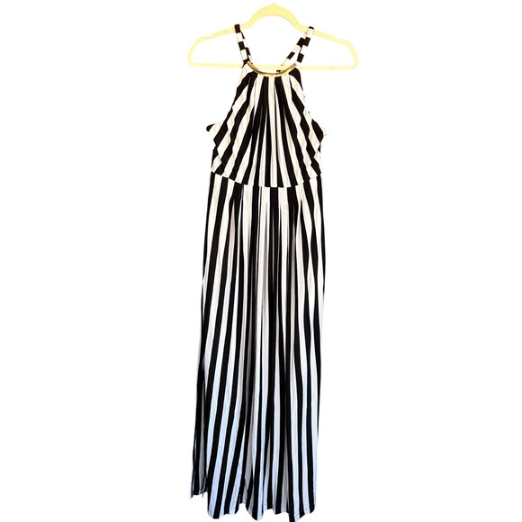 A4 Soma Black and White Striped Halter Maxi Dress Gold Accent - Women's - Picture 1 of 5